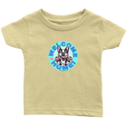 a soft yellow short sleeve tee for infants with the Boston Terrier dog design