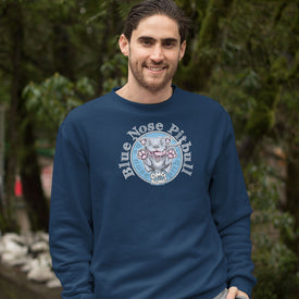 Smiling man wearing navy blue crewneck sweatshirt featuring a Blue Nose Pitbull dog design by OMG you're Home