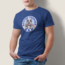 Load image into Gallery viewer, a men&#39;s blue t-shirt featuring the Boston Terrier dog dad design on the front