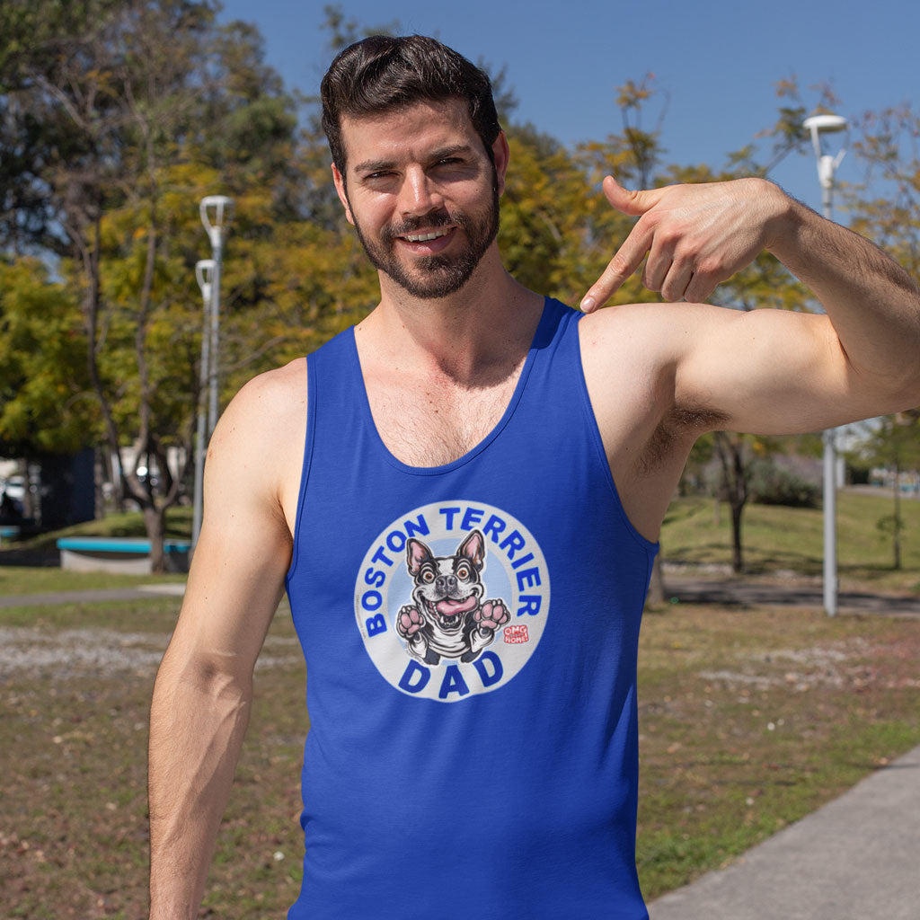 a man pointing to his tank top with the Boston Terrier dog dad design on the front