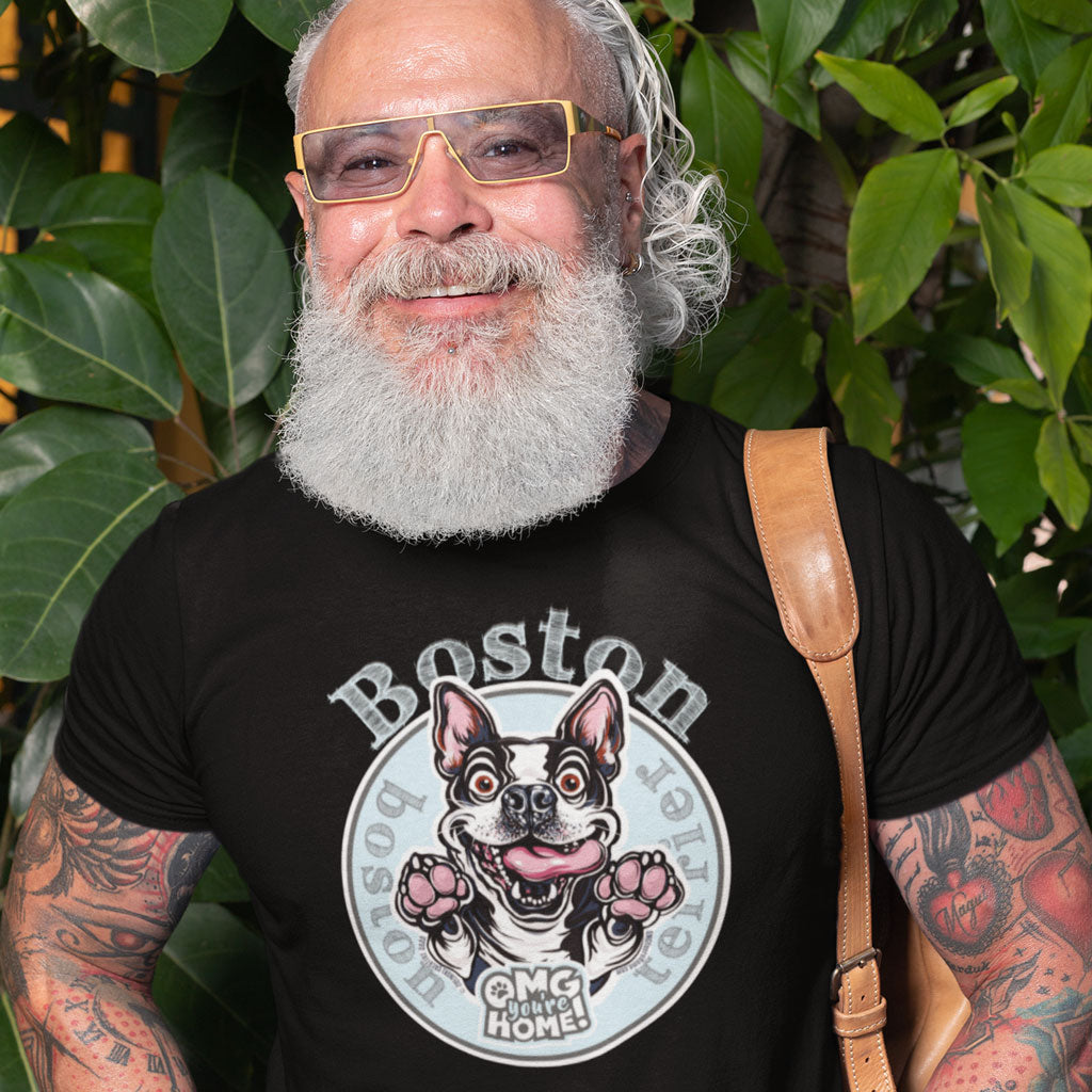 Man with white beard wearing a black t-shirt featuring the Boston Terrier dog design by OMG You're Home, apparel for dog lovers