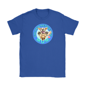 a women's royal blue tshirt featuring the OMG You're Home! Golden Retriever dog artwork on the front