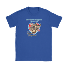 Load image into Gallery viewer, a royal blue Gildan Womens T-Shirt for dog lovers featuring the German Shepherd design in the Emotional Support Human collection