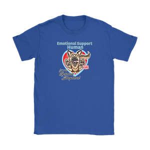 a royal blue Gildan Womens T-Shirt for dog lovers featuring the German Shepherd design in the Emotional Support Human collection