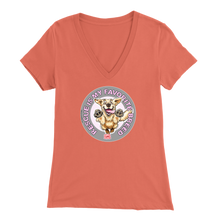 Load image into Gallery viewer, a womens coral colored v-neck shirt featuring the original Golden Retriever dog artwork by OMG You&#39;re Home!