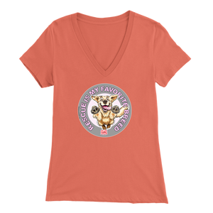 a womens coral colored v-neck shirt featuring the original Golden Retriever dog artwork by OMG You're Home!