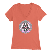 Load image into Gallery viewer, a woman&#39;s orange v-neck shirt with the OMG You&#39;re Home! Boston Terrier dog Mom design on the front in pink letters