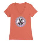 a woman's orange v-neck shirt with the OMG You're Home! Boston Terrier dog Mom design on the front in pink letters