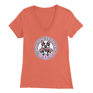 a woman's orange v-neck shirt with the OMG You're Home! Boston Terrier dog Mom design on the front in pink letters