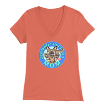 Load image into Gallery viewer, a women&#39;s orange v neck shirt with the OMG You&#39;re Home! German Shepherd dog mom design on the front