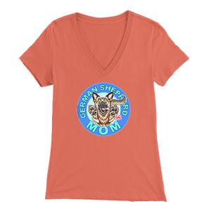 a women's orange v neck shirt with the OMG You're Home! German Shepherd dog mom design on the front