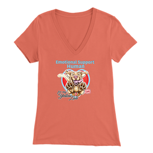 Bella Womens coral colored V-Neck. This comfortable shirt features the OMG You're Home German Shepherd dog design with the text "Emotional Support Human". 