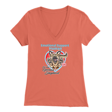 Load image into Gallery viewer, A woman&#39;s coral v-neck shirt featuring the OMG You&#39;re Home! German Shepherd dog design with the text &quot;Emotional Support Human&quot;.