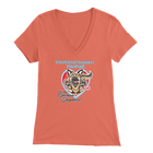 A woman's coral v-neck shirt featuring the OMG You're Home! German Shepherd dog design with the text "Emotional Support Human".