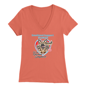 A woman's coral v-neck shirt featuring the OMG You're Home! German Shepherd dog design with the text "Emotional Support Human".