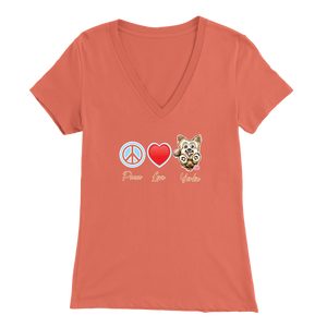 peach Bella Womens V-Neck Shirt featuring the Peace Love Yorkie dog design from OMG You're HOME!