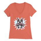 a womens orange v-neck shirt with the Boston Terrier dog design by OMG You're Home! on the front