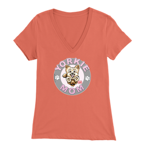 a women's orange v-neck shirt with the OMG You're Home! Yorkie dog mom design on the front