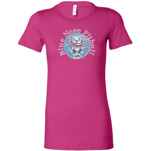 a women's pink shirt with the Blue Nose pitbull design on the front