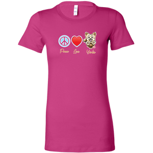 Fuscia Bella Womens Shirt featuring the Peace Love Yorkie dog design from OMG You're HOME!