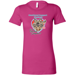 a womens pink shirt featuring the original German Shepherd dog artwork by OMG You're HOME! The text "Emotional Support Human" appears above the design in light blue letters. 