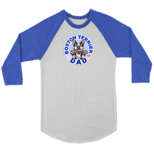 Load image into Gallery viewer, a royal blue and white 3/4 sleeve jersey with the OMG You&#39;re Home! Boston Terrier dog Dad design on the front 