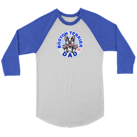 a royal blue and white 3/4 sleeve jersey with the OMG You're Home! Boston Terrier dog Dad design on the front 