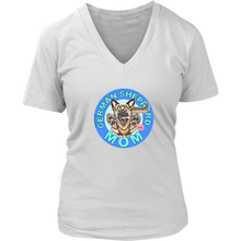 Load image into Gallery viewer, a women&#39;s white v-neck shirt featuring the original artwork by OMG You&#39;re Home! The German Shepherd dog mom design is on the front in full color. 