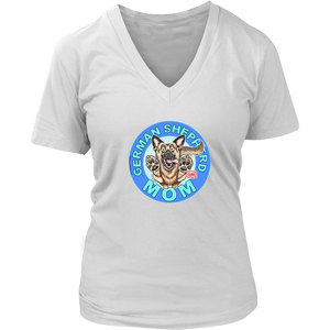 a women's white v-neck shirt featuring the original artwork by OMG You're Home! The German Shepherd dog mom design is on the front in full color. 