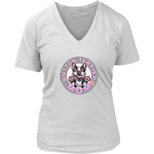 Load image into Gallery viewer, A women&#39;s white v-neck shirt from OMG You&#39;re Home! with the Boston Terrier dog Mom design on the front in pink letters