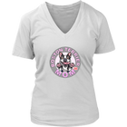 A women's white v-neck shirt from OMG You're Home! with the Boston Terrier dog Mom design on the front in pink letters