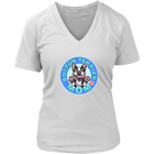 A women's white v-neck shirt from OMG You're Home! with the Boston Terrier dog Mom design on the front in blue letters