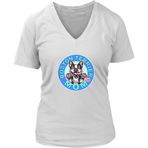 A women's white v-neck shirt from OMG You're Home! with the Boston Terrier dog Mom design on the front in blue letters