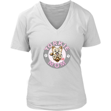 Load image into Gallery viewer, a women&#39;s white v-neck shirt with the OMG You&#39;re Home! Yorkie dog mom design on the front with pink letters