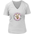 a women's white v-neck shirt with the OMG You're Home! Yorkie dog mom design on the front with pink letters