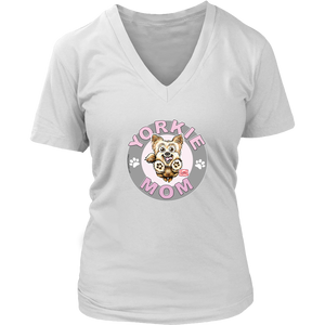 a women's white v-neck shirt with the OMG You're Home! Yorkie dog mom design on the front with pink letters