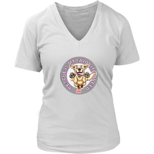 A womens white V-Neck by District features the original Golden Retriever dog artwork by OMG You're Home! This collection is dedicated to those of us who love and support rescues.