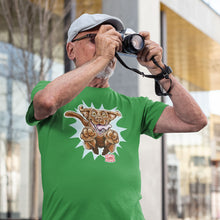 Load image into Gallery viewer, a man taking a photo wearing a green t-shirt with the OMG You&#39;re Home Chocolate Labrador Retriever dog design on the front