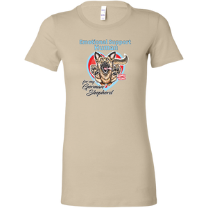 a womens tan shirt featuring the original German Shepherd dog artwork by OMG You're HOME! The text "Emotional Support Human" appears above the design in light blue letters. 