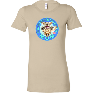 A women's tan t-shirt featuring the OMG You're Home! Golden Retriever artwork 