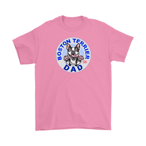 a men's pink t-shirt featuring the Boston Terrier dog dad design on the front