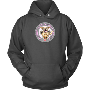 a grey unisex hoodie tee features the original Golden Retriever dog artwork by OMG You're Home! 