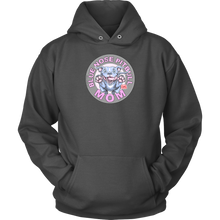 Load image into Gallery viewer, This comfy grey hoodie features the OMG Blue Nose Pitbull Mom design on the front in full vibrant color. 