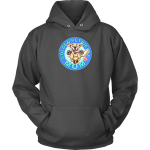 A grey hoodie with the golden retriever mom design on the front