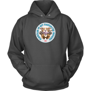 front view of a grey hoodie featuring original Red Nose Pitbull rescue artwork by OMG You're HOME!