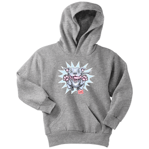 Front view of a youth hoodie featuring the OMG Blue Nose Pit Bull design