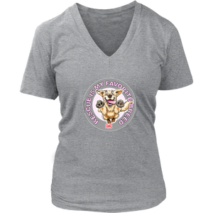 A womens heather grey V-Neck by District features the original Golden Retriever dog artwork by OMG You're Home! This collection is dedicated to those of us who love and support rescues.