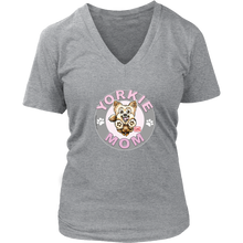 Load image into Gallery viewer, a women&#39;s heather grey v-neck shirt with the OMG You&#39;re Home! Yorkie dog mom design on the front with pink letters