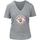 a women's heather grey v-neck shirt with the OMG You're Home! Yorkie dog mom design on the front with pink letters