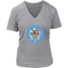 Load image into Gallery viewer, a women&#39;s heather grey v-neck shirt featuring the original artwork by OMG You&#39;re Home! The German Shepherd dog mom design is on the front in full color. 